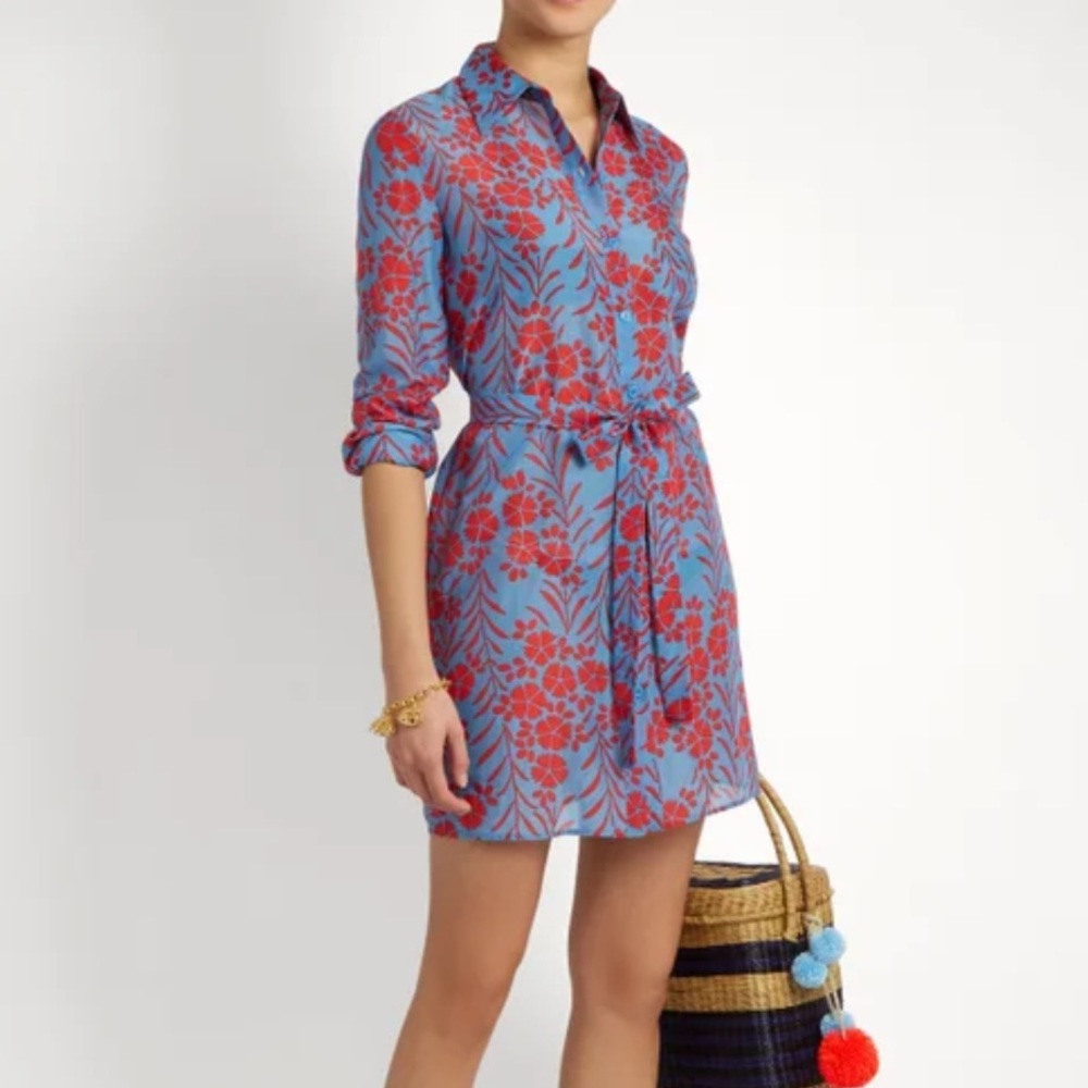DIANE VON FURSTENBERG Mykonos Blue & Red Floral Belted Shirtdress